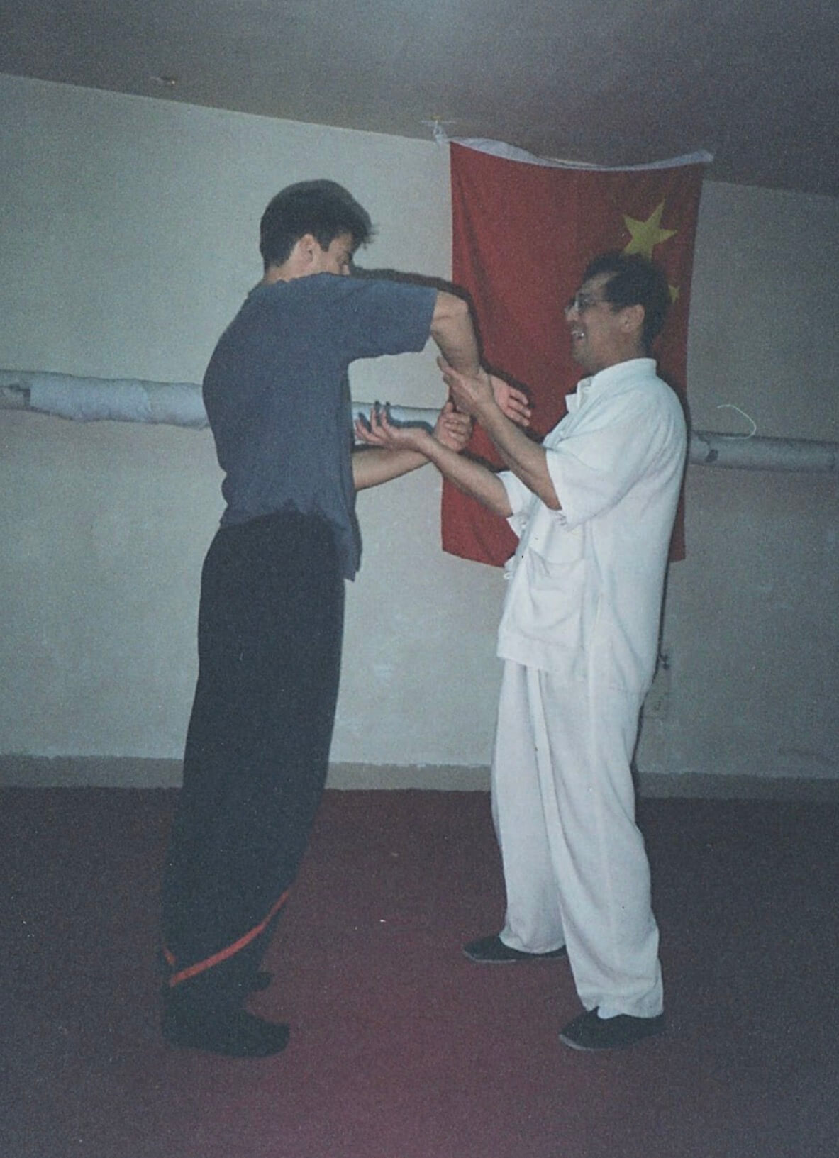 Sergio Pascal Iadarola learning Chi Sao with GM Leung Ting in mainland China, focusing on the uprooting force